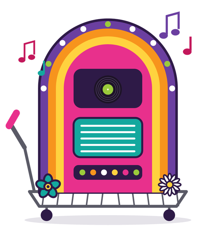 Kleurrijke jukebox met bloemen erop.