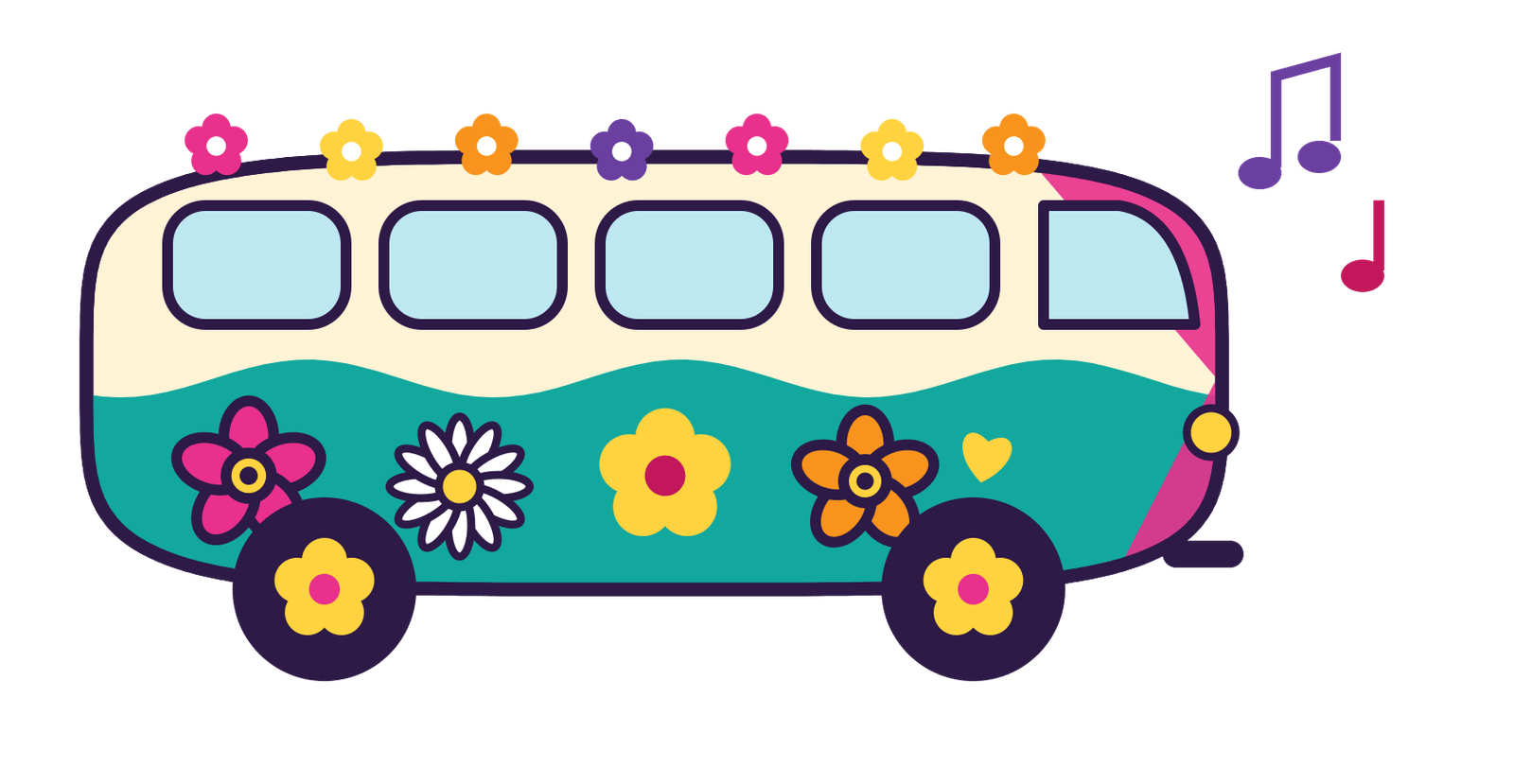 Getekend Volkswagenbusje in turquoise en roze, versierd met bloemen.